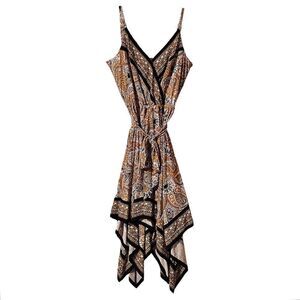 Michael Kors Yellow Black Paisley Sleeveless V Neck Dress Asymmetric Hem Size M